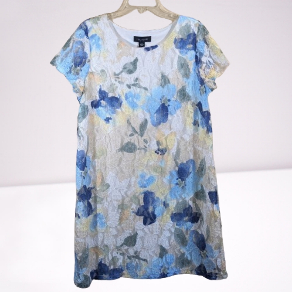 Perceptions Shift Dress Cream Blue Lace Floral Size PXL